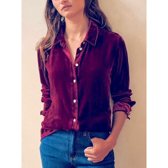 Faherty Tops - *Flaw Faherty Stretch Silk Blend Velvet Genevieve Shirt Button Up Burgundy Small